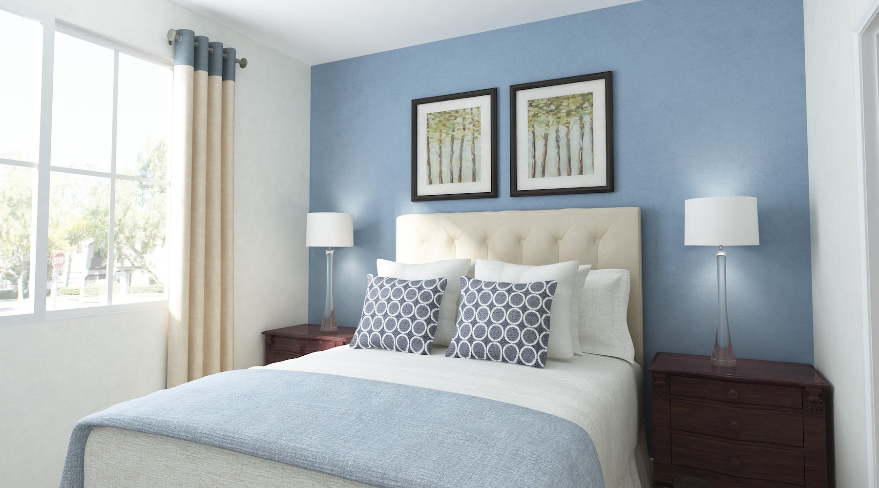 Sleep in style bedroom with a large window and a blue wall