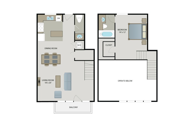 Tribecca Loft - 1 bedroom floorplan layout with 1.5 bathroom and 882 square feet